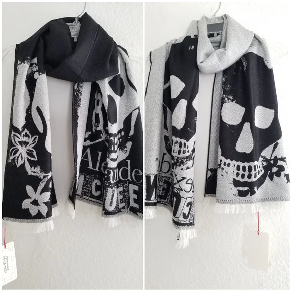 Alexander McQueen Wool Skull Large Scarf Black Grey - Picture 4 of 11